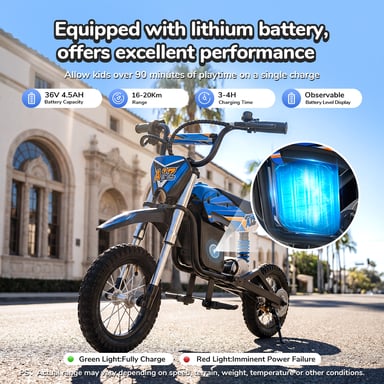 Moto da cross elettrica A12 per bambini, motore da 350 W, batteria da 36 V 4,5 Ah, pneumatici da 12''. Regalo ideale per bambini.