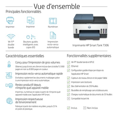 HP Smart Tank Imprimante Tout-en-un 7306, Impression, numérisation, copie, chargeur automatique de documents, sans fil, Chargeur automatique de documents de 35 pages, Numérisation vers PDF, Impression recto-verso