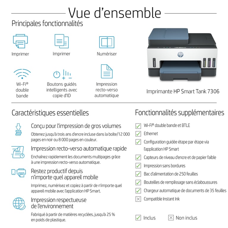 HP Smart Tank Imprimante Tout-en-un 7306, Impression, numérisation, copie, chargeur automatique de documents, sans fil, Chargeur automatique de documents de 35 pages, Numérisation vers PDF, Impression recto-verso