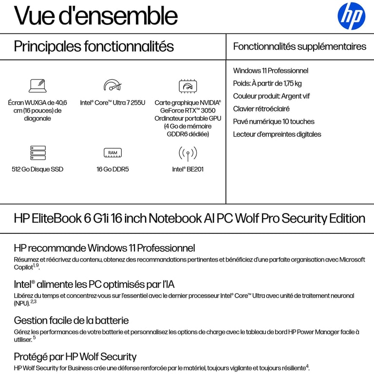 HP AD4E0ET laptop Intel Core Ultra 7 40 6 cm 16 WUXGA DDR5 SDRAM Wi Fi 7 802.11be Neuf - vue 4