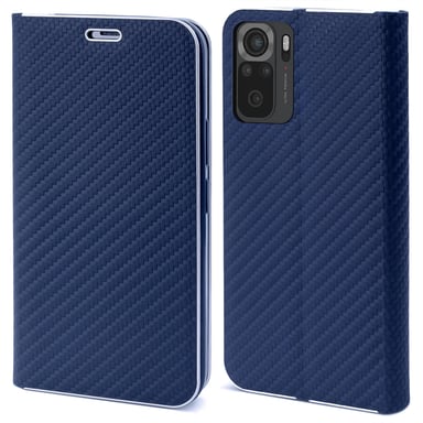 Moozy Étui portefeuille pour Xiaomi Redmi Note 10 / Note 10S, Bleu foncé Carbone - Étui à rabat avec bordure métallique, fermeture magnétique, porte-cartes et fonction béquille