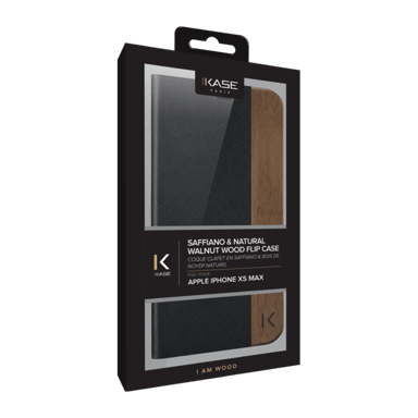 Coque clapet pour Apple iPhone XS Max, saffiano noir & bois de noyer naturel