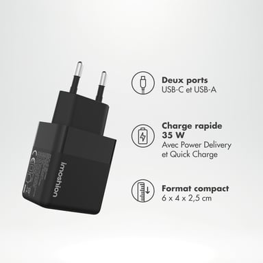 imoshion Adapteur secteur - Chargeur - USB-C + USB-A - Power Delivery et Quick Charge - 35W - Noir