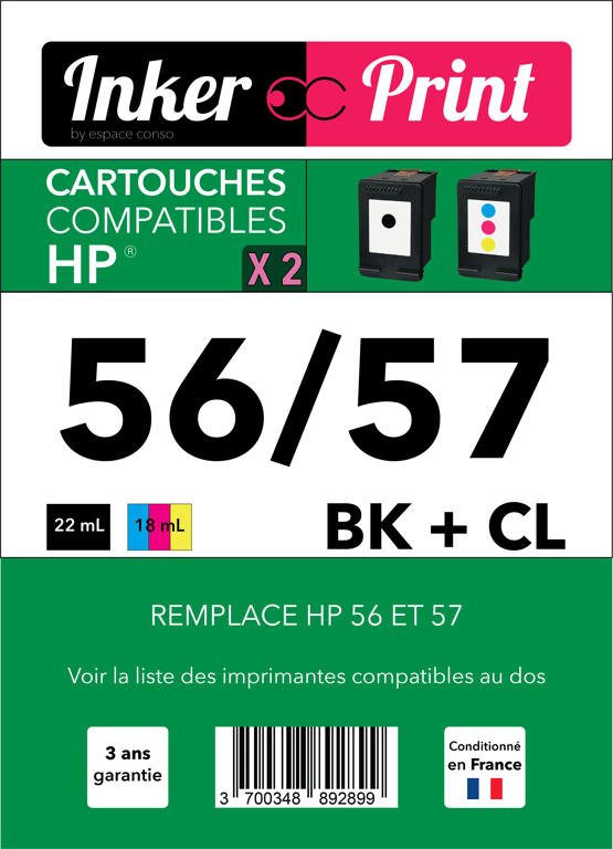 Pack de Cartouches d'encre recyclées compatibles avec HP 56 / 57