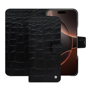 Étui portefeuille cuir Apple iPhone 16 Pro -  - Noir - Cuir Abaca