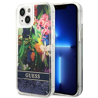 Custodia Guess per iPhone 14 6.1'' blu Flower Liquid Glitter
