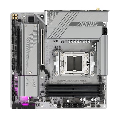 GIGABYTE B650M AORUS ELITE AX ICE Carte mère - AMD Ryzen série 9000, VRM 12+2+2 phases, jusqu'à 8000 MHz DDR5 (OC), 1xPCIe 5.0 + 1xPCIe 4.0 M.2, LAN 2,5 GbE, WIFI 6E, USB 3.2 Gen 2x2