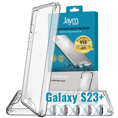 JAYM - Carcasa ultra rígida de alta calidad para Samsung Galaxy S23 Plus - Certificado contra caídas desde 3 metros - Garantía de por vida - Transparente - 5 juegos de botones de colores incluidos