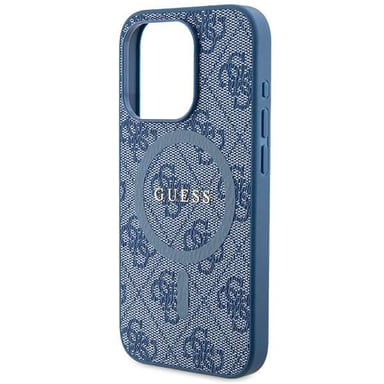 Custodia Guess per iPhone 14 Pro 6.1'' blu Custodia rigida 4G Collection in pelle Logo in metallo MagSafe