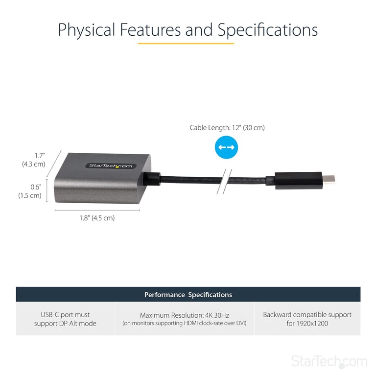 StarTech.com Adaptateur USB C vers DVI Adaptateur Dongle USB C vers DVI D 1920x1200p USB Type C vers ÉcransAffichages DVI Convertisseur Graphique Compatible Thunderbolt 3 Câble Intégré 30cm Neuf - vue 2