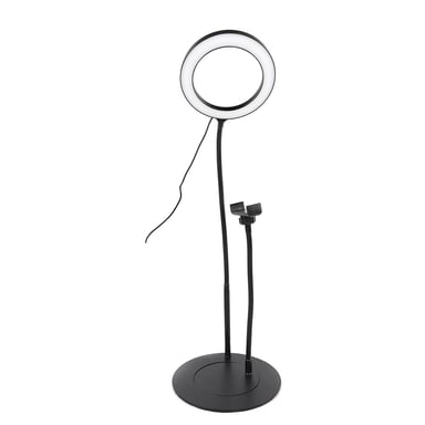 Anneau lumineux D.20 cm avec support téléphone universel sur pied métal séparable. 3 modes couleurs et 10 modes de luminosité. Connexion via port USB. Noir