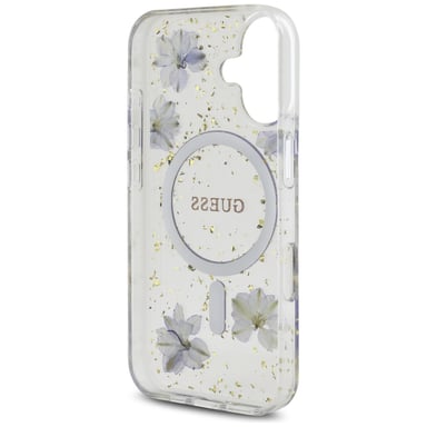 Étui Guess Resin Flowers Glitter MagSafe pour iPhone 16 violet