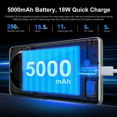 FOSSiBOT S3 Pro Smartphone 4G, Pantalla Curvada AMOLED de 6.67'', Pantalla Trasera de 1.09'', 6GB RAM 128GB ROM, Cámara AI de 64MP, Batería de 5000mAh, Helio G85, NFC, SIM Doble, Android 14, Desbloqueo Facial, Negro