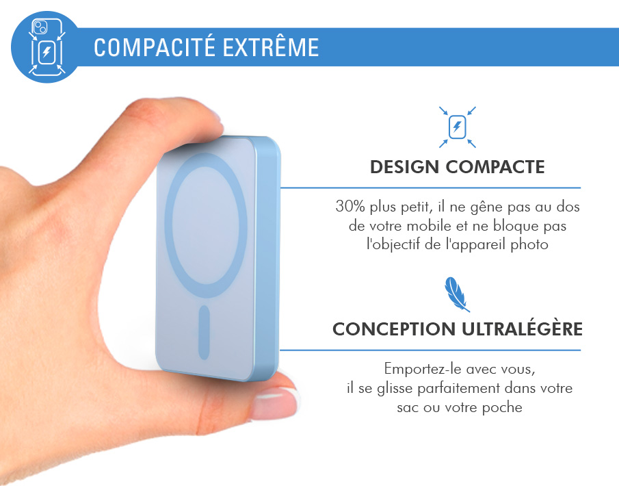 Powerbank sans fil MagSafe 5000mAh 1 port USB C 15W Qi Métal Bleu + Garantie à vie Force Power - Neuf