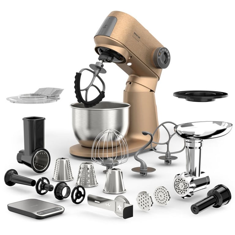 Robot pâtissier SENCOR STM 7630RS Gordon bol inox 5 5 hachoir à viande trancheuserâpe 4 cônes machine à biscuits champagne Neuf