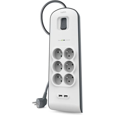 Belkin - BSV604ca2M - Multidisyuntor 6 tomas con 2 puertos USB integrados - Cable de 2 m - Blanco (Protección hasta 650 julios)