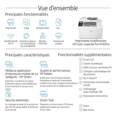 Stampante multifunzione HP Color LaserJet Pro M183fw, stampa, copia, scansione, fax, alimentatore automatico di documenti da 35 fogli; efficienza energetica; sicurezza migliorata; Wi-Fi a doppia banda