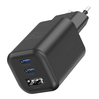 Chargeur Mural 2 USB C GaN 65W + USB 18W Charge Rapide Design Compact Noir