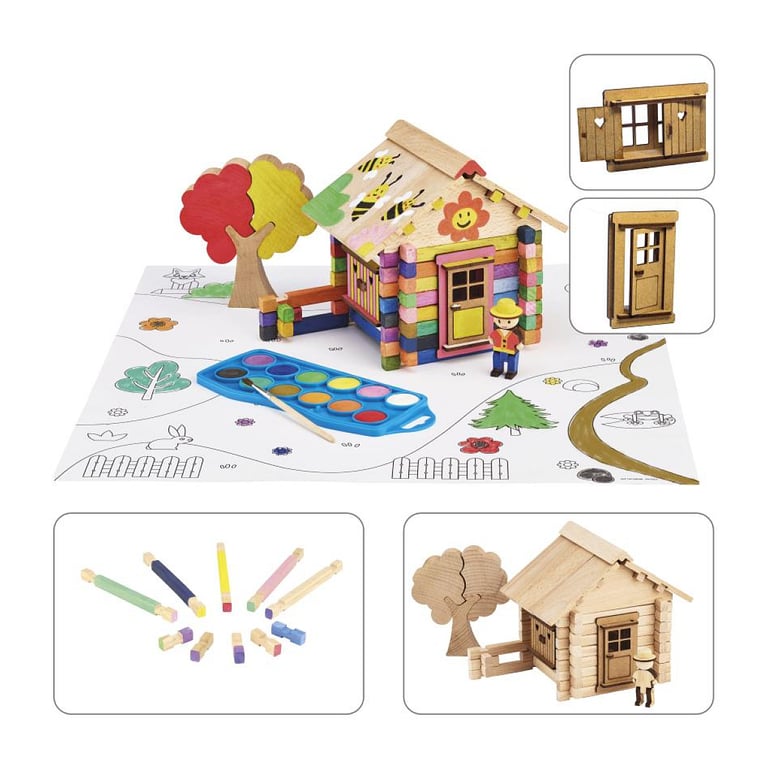 Chalet à Peindre 85 Pièces JEUJURA Jeu de Construction en Bois Naturel Accessoires et Peinture Inclus 26x24x9 cm - vue 5