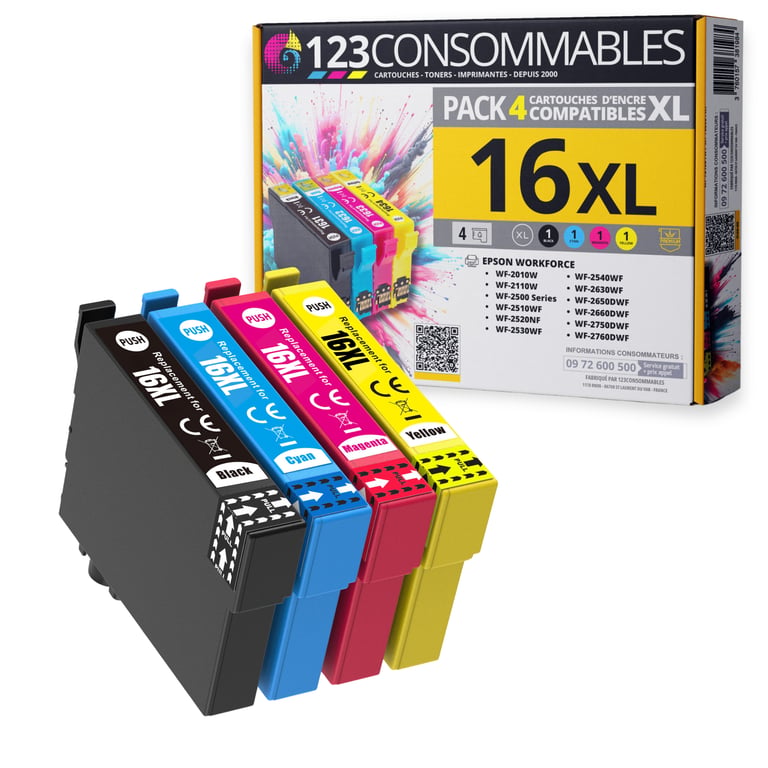 123CONSOMMABLES 16XL Pack de 4 Cartouches d'encre Compatible avec Epson Workforce WF 2750 WF 2760 WF 2660 WF 2650 WF 2630 WF 2540 WF 2530 WF 2510 WF 2010 Neuf