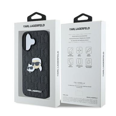 Custodia Karl Lagerfeld per iPhone 16 6.1'' nero Custodia rigida Monogramma Karl&Choupette Head Pin