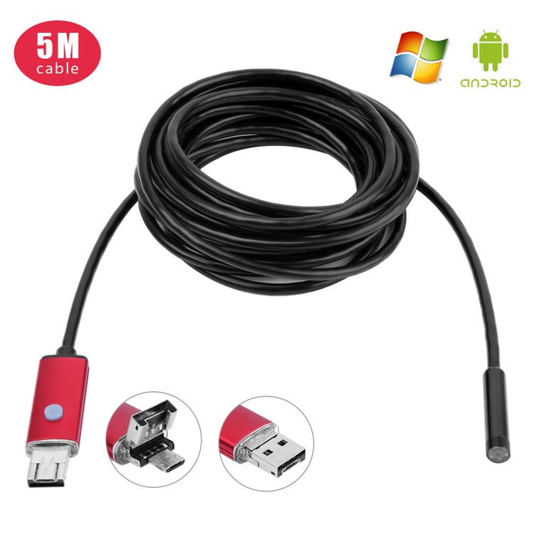 Camera Endoscopique pour Smartphone Micro USB/USB Android Fil 5m Endoscope  Inspection HD (NOIR) - Shot Case