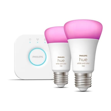 Kit de démarrage Philips Hue White and Color Ambiance avec 2 ampoules E27, 75W, Bluetooth et compatibilité avec Alexa, Google et Homekit