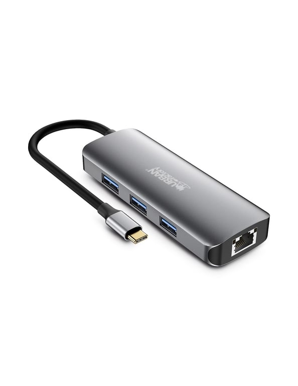 Hub USB C Urban Factory 8 en 1 avec 3 USB A 1 HDMI 4K 60Hz 1 RJ45 lecteurs cartes SD et Micro SD 1 USB C PD
