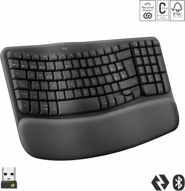 Logitech Wave Keys, teclado ergonómico inalámbrico con reposamanos acolchado, escritura cómoda y natural, Easy-Switch, Bluetooth, Logi Bolt, multisist