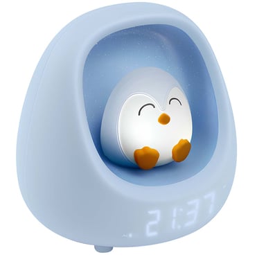 Réveil Digital pour Enfant Avec Veilleuse et 3 Mélodies Apaisants Pingouin Blanc / Bleu