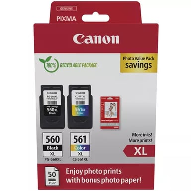 Canon PG560 XL Negro + CL561 XL Color, 2 cartuchos + 50 hojas de papel fotográfico