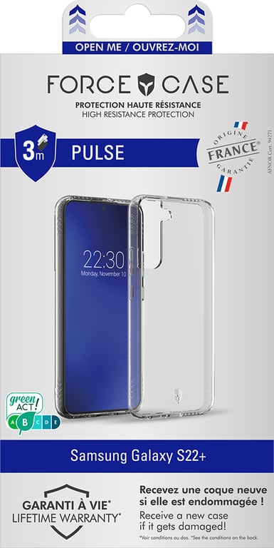 Coque Renforcée Samsung G S22+ 5G PULSE Garantie à vie Transparente - Origine France Garantie Force Case