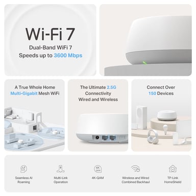 TP-Link DECO BE25(3-PACK) système Wi-Fi maillé Bi-bande (2,4 GHz / 5 GHz) Wi-Fi 7 (802.11be) Blanc 2 Interne