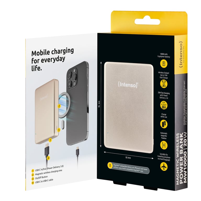 Intenso Batterie Externe Magnétique MW10000 10000 mAh – Compatible MagSafe Charge Sans Fil USB C PD Pour iPhone & Android – Testée en Allemagne – Champagne Neuf - vue 2
