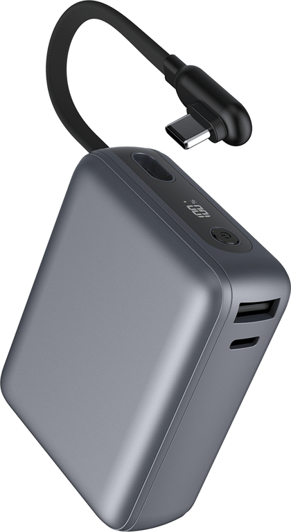 Powerbank 10000mAh 2 ports USB A+C 30W PD/QC Câble intégré Gris Sidéral + Garantie à vie Force Power - Neuf