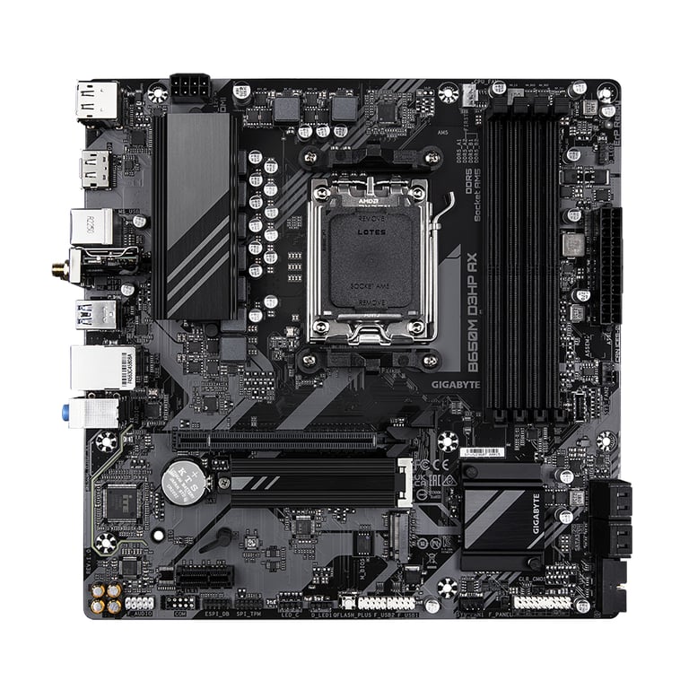 GIGABYTE B650M D3HP AX Carte mère - AMD Ryzen série 9000, VRM 5+2+2 phases, jusqu'à 7600 MHz DDR5 (OC), 2xPCIe 4.0 M.2, LAN 2,5 GbE, WIFI 6E, USB 3.2 Gen 1 - Neuf