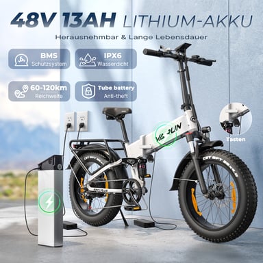 Vélo électrique pliant VARUN S20-2 tout suspendu 20 pouces avec batterie 48 V 13 Ah