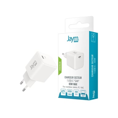 JAYM® - Chargeur Secteur Rapide GaN 65W USB-C PD & PPS   Compatible iPhone 17/16/15, Samsung Galaxy S26/S25/S24, Google Pixel, iPad, Xiaomi - Blanc
