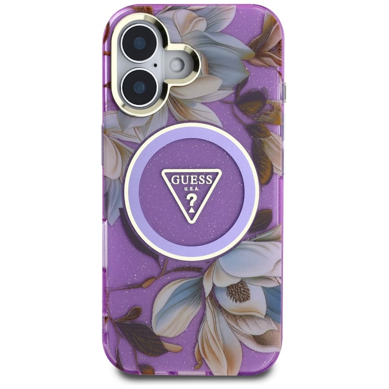 Étui Guess Glitter Flowers Triangle Buttons MagSafe pour iPhone 16 violet - Neuf