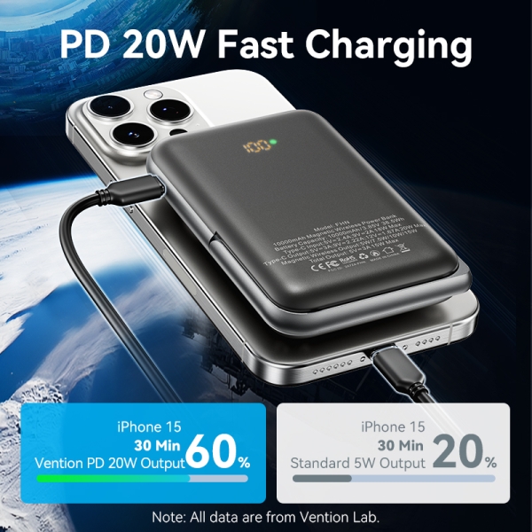Batterie de secours magnétique sans fil Vention 10000mAh USB Type C Charge rapide Entrée Neuf - vue 2