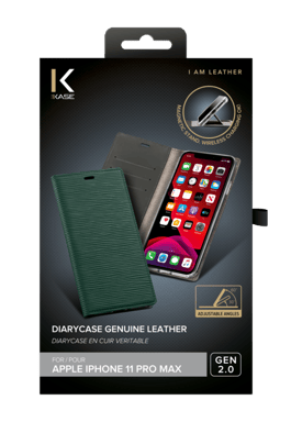Diarycase 2.0 Funda tipo almeja de piel auténtica con soporte magnético para Apple iPhone 11 Pro Max, verde medianoche