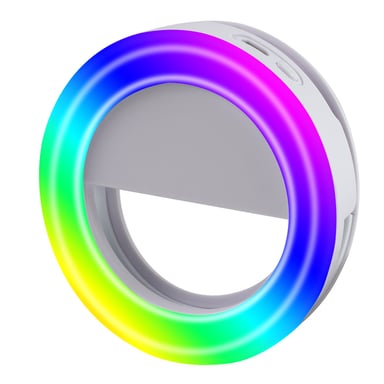 Anillo luminoso portátil, diámetro del anillo 8,5 cm, 16 LED, luz blanca y RGB, batería recargable de 150 mAh incorporada, enganche de clip