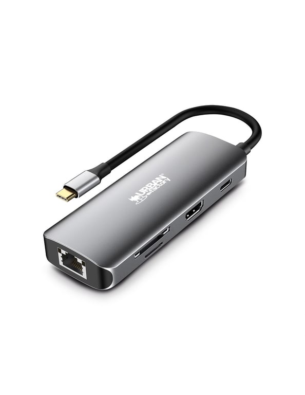 Hub USB C Urban Factory 8 en 1 avec 3 USB A 1 HDMI 4K 60Hz 1 RJ45 lecteurs cartes SD et Micro SD 1 USB C PD - vue 3