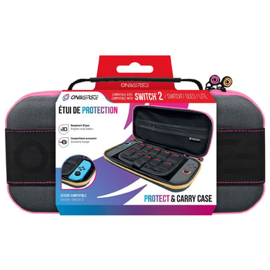 Funda de protección Oniverse para Nintendo Switch, Switch 2, Switch OLED y Switch Lite - Carcasa rígida, 10 compartimentos, gris oscuro con ribete rosa
