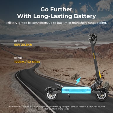 Ausom Trottinette Électrique, Moteur Double, Pneus Pneumatiques de 10'', Batterie de 20,8Ah, Suspension à Quatre Ressorts, Freins E-ABS, Autonomie de 100 km, Charge Max de 150 kg, pour Aventures Off-Road
