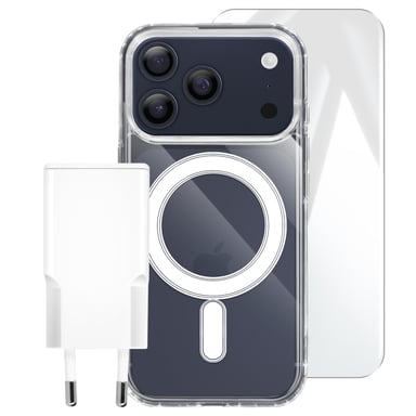 Coque pour iPhone 17 Pro Max Pack Starter Premium 3-en-1 avec Chargeur USB-C 20W Transparent