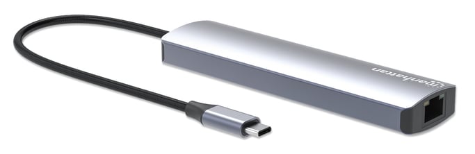 Manhattan Dock/hub USB-C con lector de tarjetas, puertos (5): Ethernet, HDMI, 2x USB-A y USB-C, con Power Delivery (PD) 100 W- requiere cargador USB-C externo (no incluido). Alimentado por USB (no requiere alimentación externa) cuando no se utiliza PD