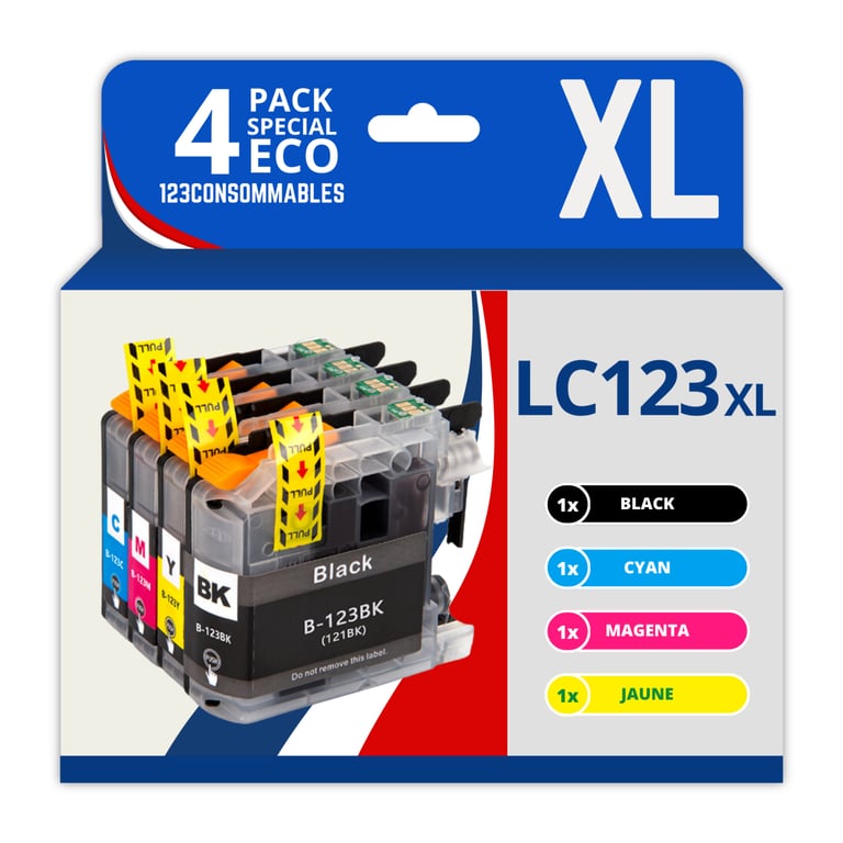 123CONSOMMABLES LC123 Pack 4 Cartouches Compatibles avec Brother LC123XL pour Imprimante DCP J132W J152W J172W J552DW J752DW J4110DW MFC J245 J6520DW J6720DW 1 / 1 Cyan / 1 / 1 Jaune Neuf - vue 4