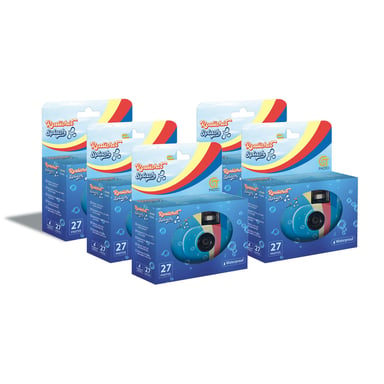 GT Photo GT27WP Realishot Splash - Pack de 5 Cámaras Descartables Impermeables, 27 Fotos, 35mm, 4K Ultra HD, Impermeable - Azul