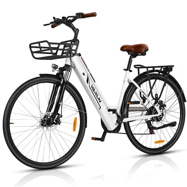 Bicicletta elettrica VARUN C7008 con cestino anteriore, 28 pollici, per uso urbano, con batteria da 36 V e 10 Ah